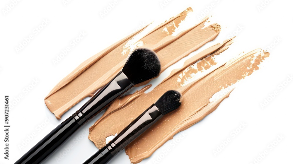 Wall mural two makeup brushes and streaks of beige foundation on a white surface.