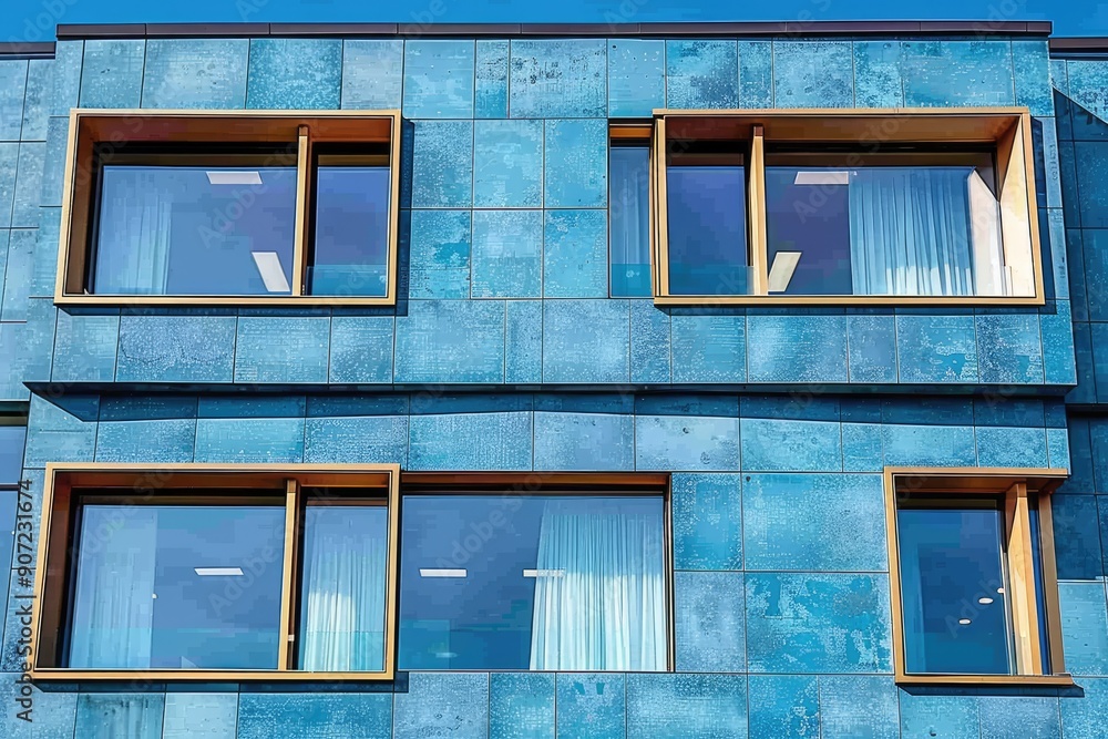 Poster blue tiled building with windows and curtains