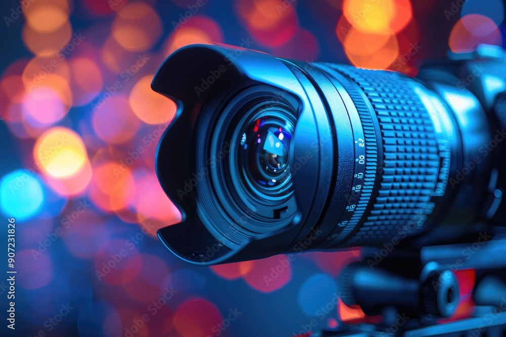 Poster camera lens close-up with bokeh background