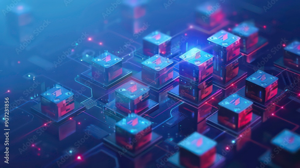 Poster a digitally rendered image of a futuristic network of interconnected glowing cubes with intricate de