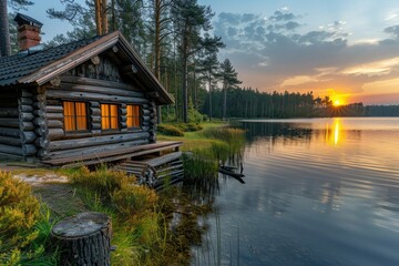 Obraz premium Cabin with Illuminated Windows on a Lake at Sunset
