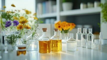 Natural Essential Oil Bottles on a Table with Flowers