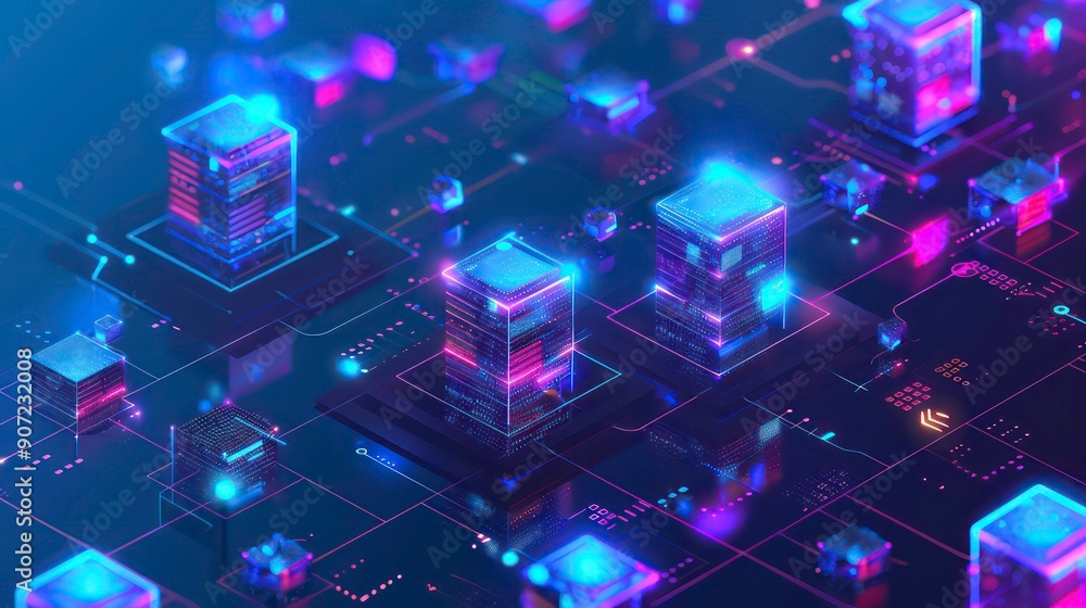 Poster a digitally rendered image of a futuristic network of interconnected glowing cubes with intricate de