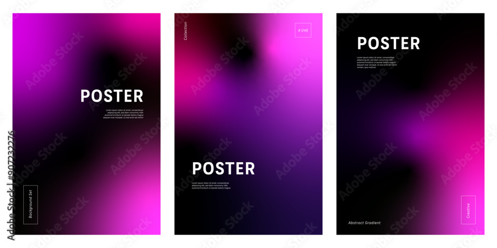Wall mural set of three modern abstract backgrounds with pink and violet gradient mesh on black, ideal for grap