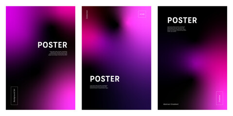 Set of three modern abstract backgrounds with pink and violet gradient mesh on black, ideal for graphic design