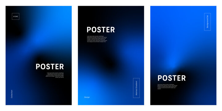 Set of three minimalist posters background with abstract blue gradient on black, ideal for social media, poster, cover, banner, placard or flyer