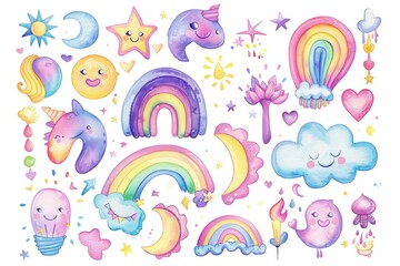 Obraz premium Beautifully illustrated watercolors of rainbows and fluffy clouds, perfect for illustrating weather forecasts or mood boards