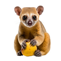 Fototapeta premium Cute Kinkajou Holding A Yellow Fruit On Transparent Background