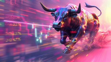 concept of Stock market chart, wall street bull was running towards me, on stock market chart background, vibrant blend, copy space for text , realistic photo high detailed