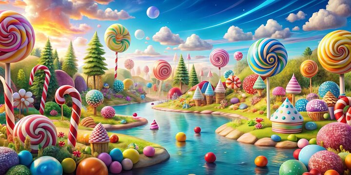 Colorful and whimsical landscape featuring candy canes, lollipops, gumdrops, and chocolate rivers, fantastic, sweet