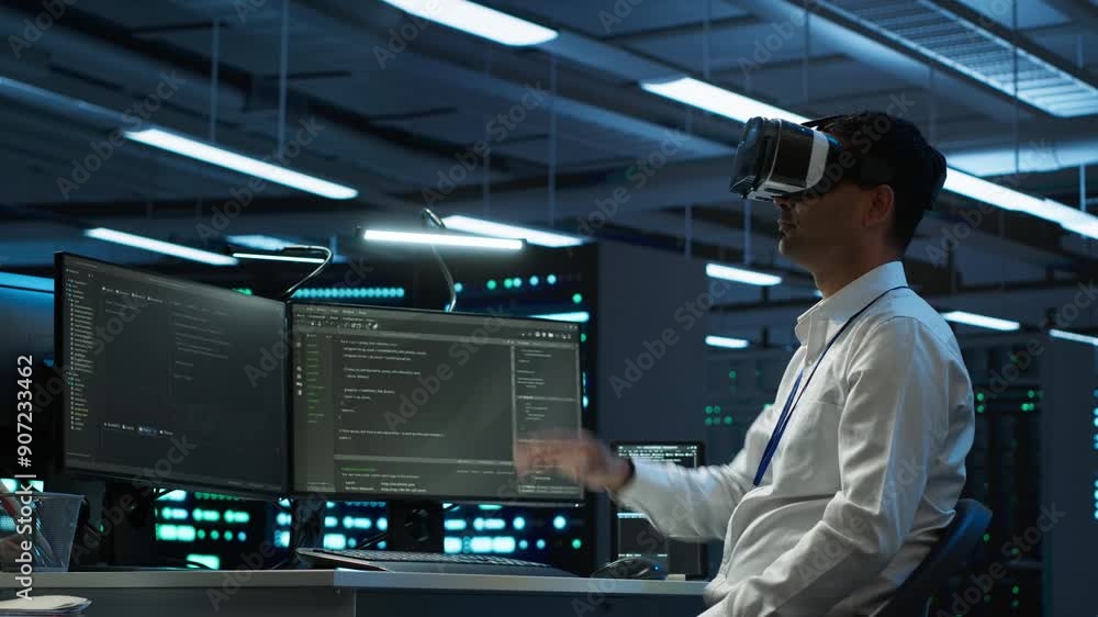 Poster programmer in data center managing and maintaining databases using futuristic vr headset, ensuring d