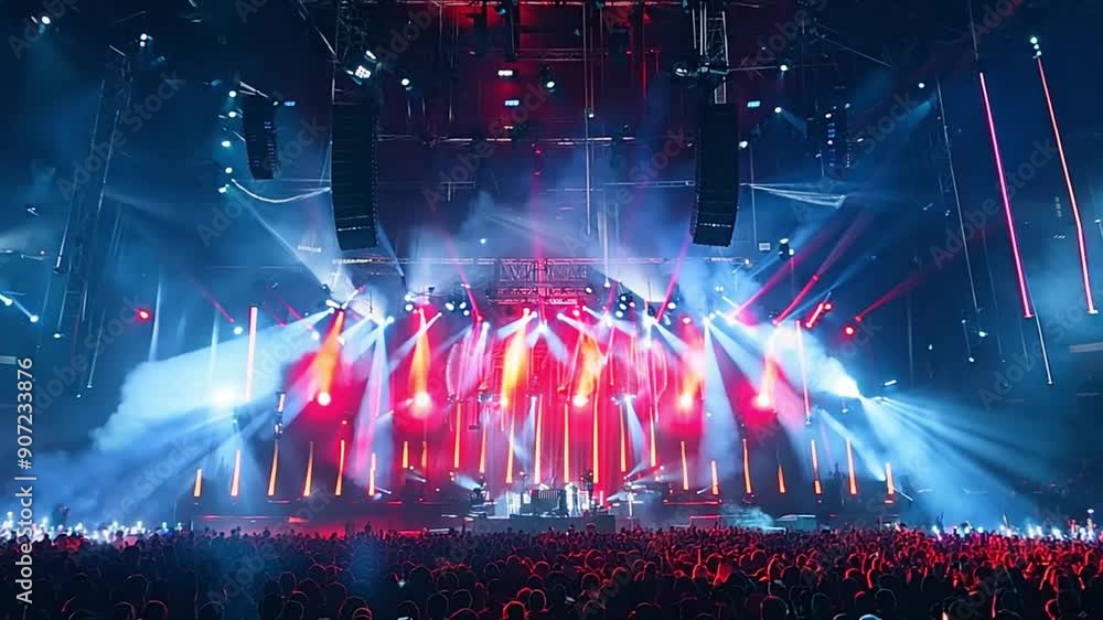 Poster lively crowd enjoys an energetic performance illuminated by vivid lights and vibrant colors in a lar
