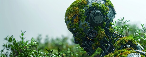 concept of Green technology, AI Robot, an old model with moss all over it, pollution background, dynamic color, copy space for text , realistic photo high detailed