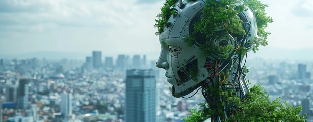 concept of Pollution, an AI Robot new model with tree all over, City background, dynamic color blend, copy space for text , realistic photo high detailed