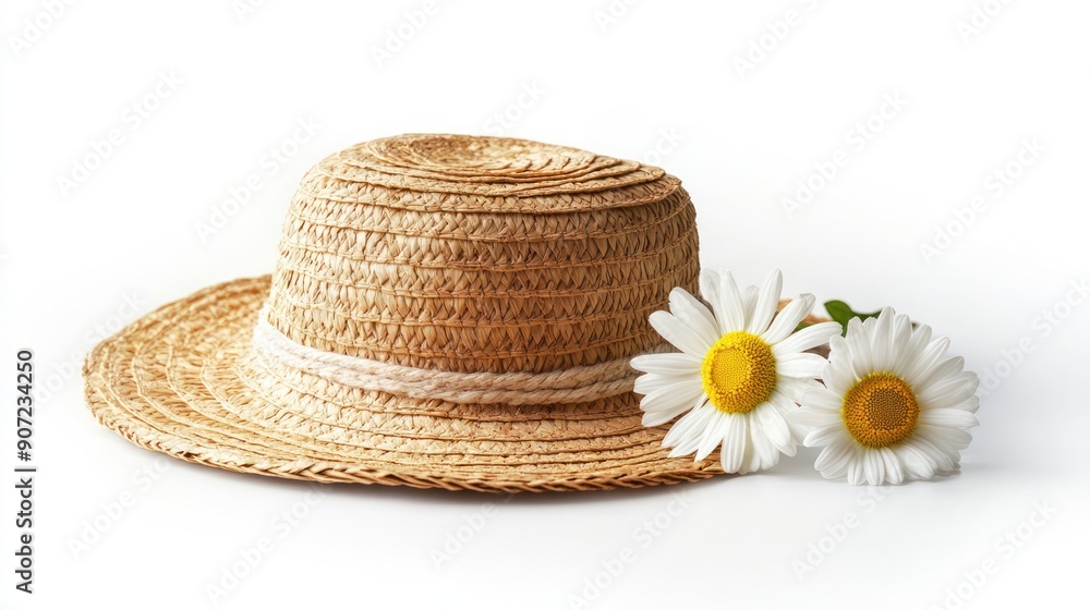 Poster Straw Hat and Daisies on a White Background