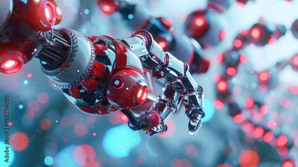 Poster a robotic arm with red lights in a blurred background of red and blue circles