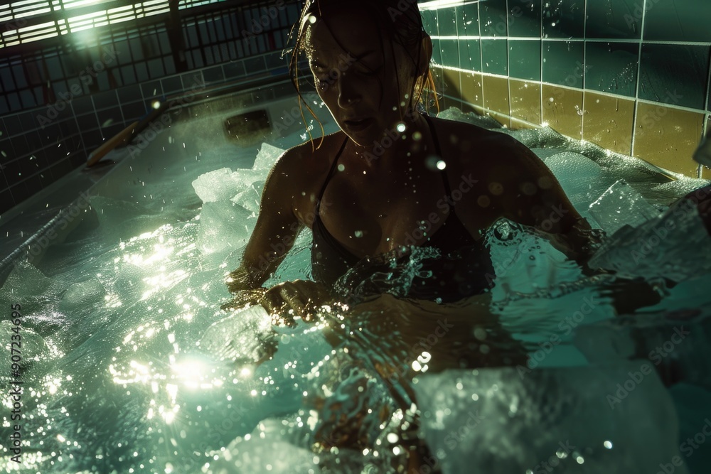 Poster a person relaxing or contemplating in a pool of water