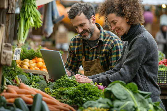 Happy market vendors using a laptop to manage their vegetable stall inventory at an outdoor market.