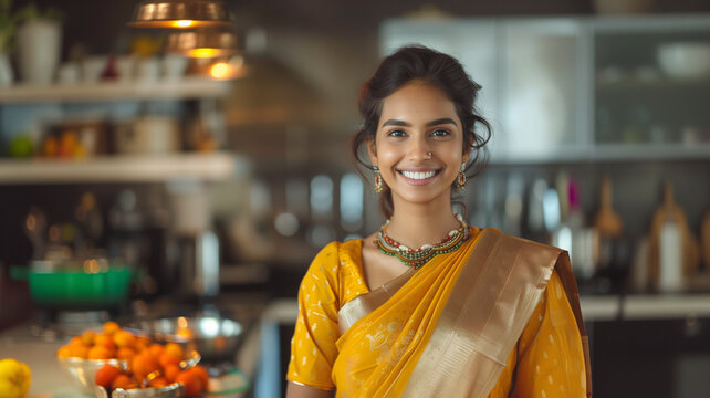Portrait of confident Indian woman wearing saree while working in the kitchen