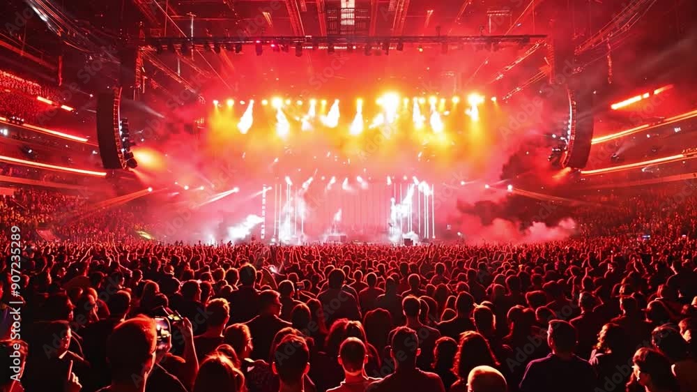 Poster a massive crowd enjoys a lively concert, illuminated by vibrant red lights, creating a thrilling atm