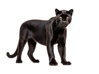 A majestic black panther standing on a white background, showcasing its sleek fur and powerful stance, isolated in a studio setting.