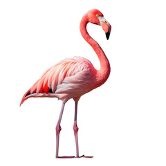 A pink flamingo wading in blue water, standing gracefully with its long legs and curved neck, set against a clear sky background.