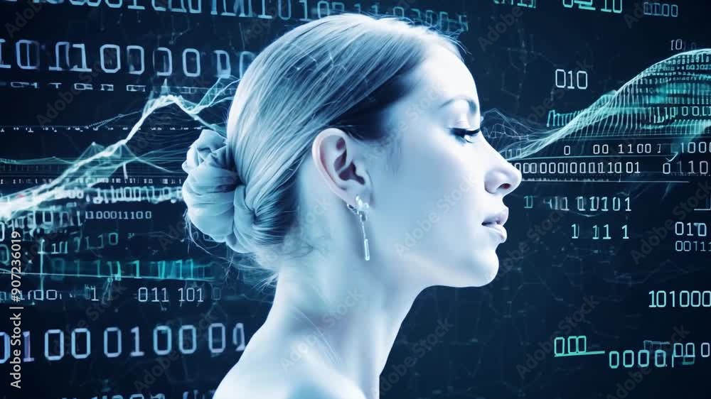 Poster A woman gazes thoughtfully while surrounded by flowing digital code and data visualizations, embodying a modern technological atmosphere.