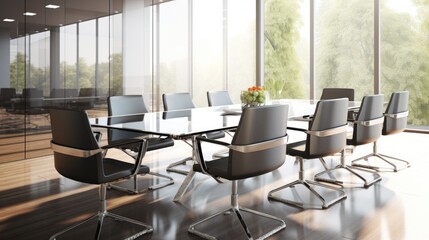 Sleek conference room with a large glass table and minimalist chairs