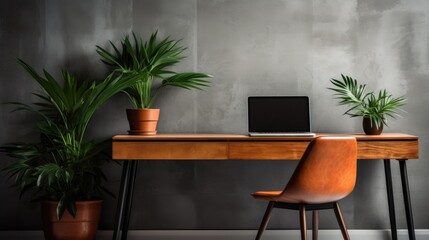 Sleek desk with a minimalist laptop and potted plant
