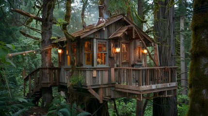 Rustic wooden house with weathered roof nestled amidst towering trees, connected to tranquil waters via an aged wooden bridge