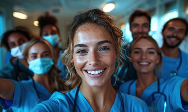 A group of doctors and nurses taking a cheerful selfie in a hospital corridor.