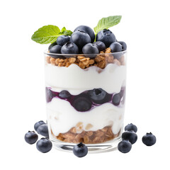 Glass Of Blueberry Yogurt Parfait With Granola And Mint Leaves