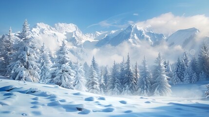 Snow-covered mountain landscape with a forest of pine trees and a clear winter sky