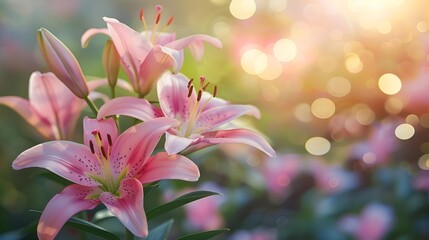 Obraz premium Delicate pink lily blossoms grace a lush garden, a vibrant splash of nature's beauty
