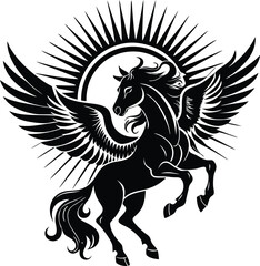 A stylized silhouette of a winged horse in a dynamic rearing pose