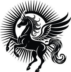 A stylized silhouette of a winged horse in a dynamic rearing pose