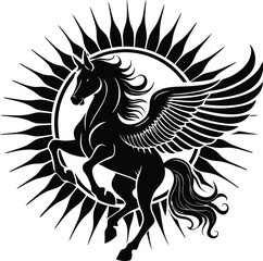 A stylized silhouette of a winged horse in a dynamic rearing pose