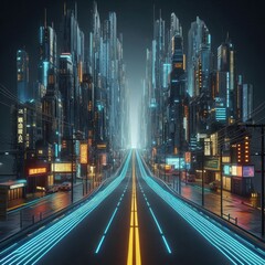 Fototapeta premium Cyberpunk road or path leading forward, hyperrealistic, highly detailed, isolated on transparent background