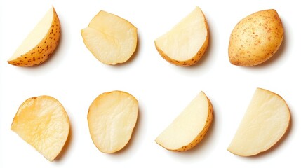 Naklejka premium A collection of potato slices, varying in thickness, from thin crisps to thick wedges. Each slice is isolated on a bright white background