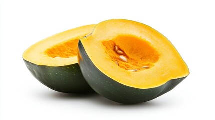 A halved acorn squash with the seeds removed, showcasing the smooth inner surface and vibrant color. Perfectly isolated on white