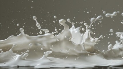 A splash of milk spills onto a table, highlighting the white liquid against a neutral background