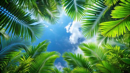 Fototapeta premium tree, tropical, sky, nature, coconut, palm tree, leaf, green, summer, beach, leaves, plant, travel, vacation, trees, island, sun