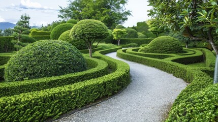 A beautifully manicured garden featuring intricate hedges and a winding pathway, perfect for tranquil strolls in nature.