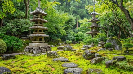 Naklejka premium Serene garden landscape featuring traditional pagodas surrounded by lush greenery and moss-covered stones.