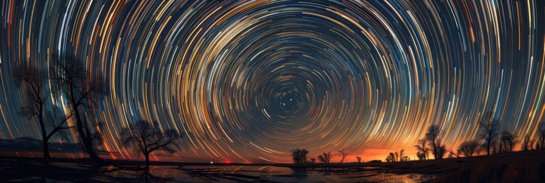 Captivating star trails illuminate the night sky in this mesmerizing long exposure shot showcasing a celestial dance of cosmic beauty