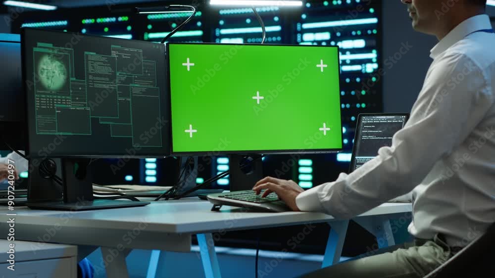 Poster engineer in server hub using green screen pc to stop hacker passing company firewall and stealing se