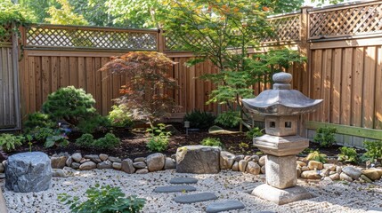 Obraz premium Serene Japanese garden featuring rocks, lantern, and lush greenery, perfect for relaxation and meditation in a tranquil setting.