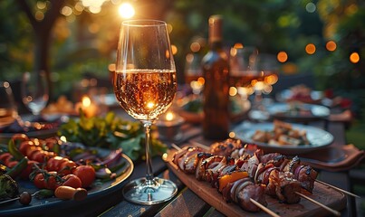 A multiracial group of friends is enjoying a barbecue dinner in a garden restaurant, focusing on a wine glass, as they eat together in a backyard home party.