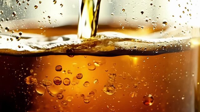 An upclose view of apple cider splashing over the edges of a classic mason jar.