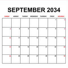 september 2034. Calendar with holydays or red dates. monthly 2034. calendar design with week starts on sunday. printable, simple, and clean vector design isolated on white background.